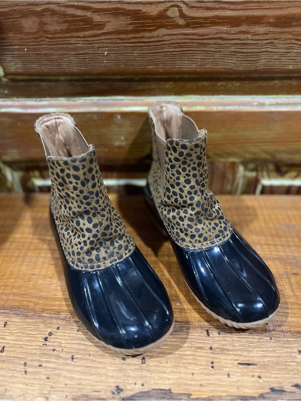 Leopard-Print Duck Boots in Brown and Blue